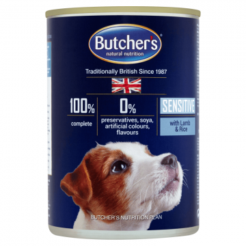 Butchers's Dog Blue Sensitive Pate, Miel si Orez, 390 g