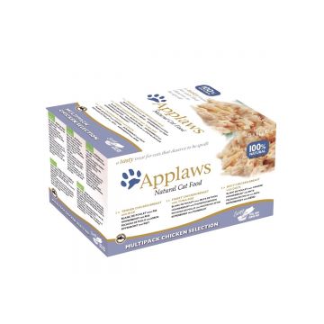 APPLAWS Chicken Selection Multipack, 3 arome (Pui și Orez, Pui și Icre de Ton, Pui și Rață), pachet mixt, bol hrană umedă pisici, 60g x 8