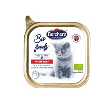 BUTCHER'S Bio Foods, Vită, tăviță hrană umedă bio pisici, (pate), 85g