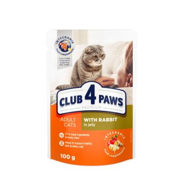 CLUB 4 PAWS Premium, Iepure, hrană umedă pisici, (în aspic) CLUB 4 PAWS Premium, Iepure, plic hrană umedă pisici, (în aspic), 100g
