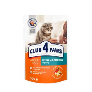 CLUB 4 PAWS Premium, Macrou, hrană umedă pisici, (în sos) CLUB 4 PAWS Premium, Macrou, plic hrană umedă pisici, (în sos), 100g