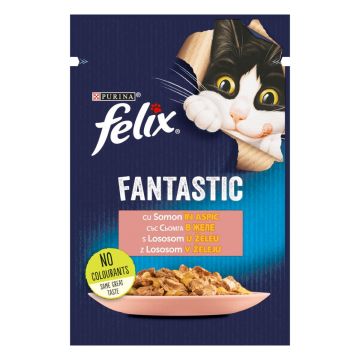 PURINA Felix Fantastic, Somon, hrană umedă pisici, (în aspic) PURINA Felix Fantastic, Somon, plic hrană umedă pisici, (în aspic), 85g