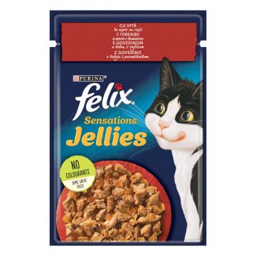 PURINA Felix Sensations, Vită cu Roșii, hrană umedă pisici, (în aspic) PURINA Felix Sensations, Vită cu Roșii, plic hrană umedă pisici, (în aspic), 85g