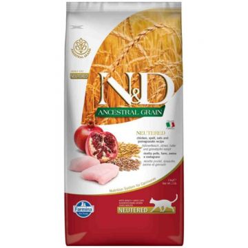 N&D Ancestral Grain Adult Sterilizat, Pui Rodie, hrană uscată conținut redus cereale pisici, 10kg