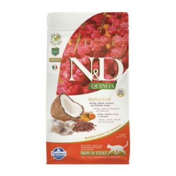 N&D Quinoa Skin&Coat, Hering, hrană uscată fără cereale pisici, piele & blană, 5kg