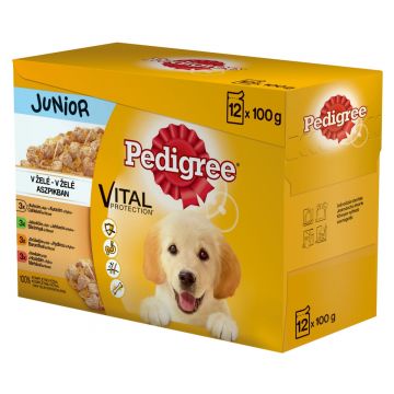 PEDIGREE Vital Protection Junior Multipack, 4 arome, pachet mixt, plic hrană umedă câini junior, (în aspic), 100g x 12