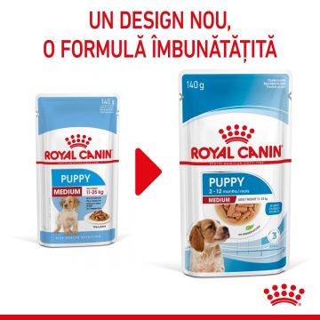 Royal Canin Medium Puppy, hrană umedă câini junior, (în sos) ROYAL CANIN Medium Puppy, plic hrană umedă câini junior, (în sos), 140g