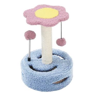 Ansamblu de joaca Pufo Flower pentru pisici, cu stalp pentru zgariat si minge, 33 cm, albastru/roz