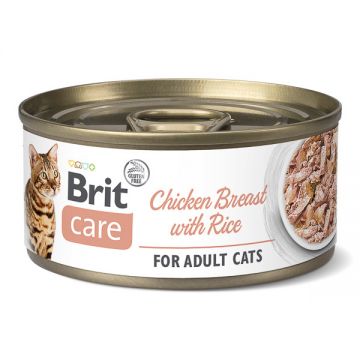 Brit Care Fillets, Pui cu Orez, Conservă hrană umedă conținut redus cereale pisici, (în suc propriu), 70g