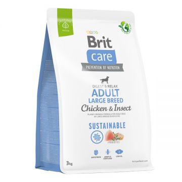Brit Care Sustainable Adult Large Breed, L-XL, Pui și Insecte, hrană uscată câini, sistem digestiv, 3kg