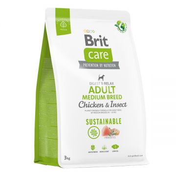 Brit Care Sustainable Adult Medium Breed, M, Pui și Insecte, hrană uscată câini, sistem digestiv, 3kg