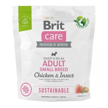 Brit Care Sustainable Adult Small Breed, XS-S, Pui și Insecte, hrană uscată câini, sistem digestiv, 1kg