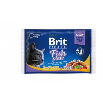 Brit Premium Multipack Fish Plate, 2 arome, pachet mixt, plic hrană umedă pisici, (în sos), 4 x 100g