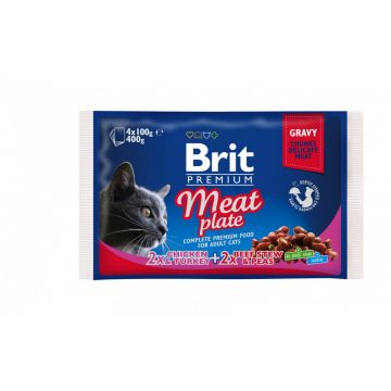 Brit Premium Multipack Meat Plate, 2 arome, pachet mixt, plic hrană umedă pisici, (în sos), 4 x 100g