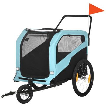 PawHut Remorcă de Bicicletă pentru Câini cu 2 Intrări și Buzunare, Carucior pentru Câini de 30kg din Oțel și Țesătură, 170x77x90 cm, Albastru