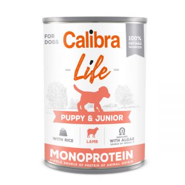 Calibra Life Mono Protein, Miel cu Orez, Conservă hrană umedă mono proteică fără cereale câini juniori, (pate), 400g