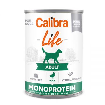 Calibra Life Mono Protein, Rață cu Orez, Conservă hrană umedă mono proteică fără cereale câini, (pate), 400g