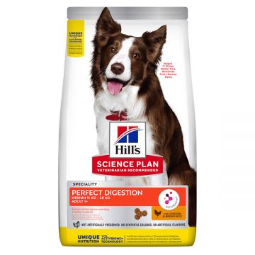 Hill's SP Perfect Digestion Medium Adult, Pui cu Orez Brun, hrană uscată câini, sensibilități digestive, 14kg