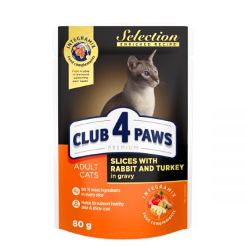 Club 4 Paws Selection Hrana umeda pisici - Bucati de carne de iepure si curcan sos, set 24 80g