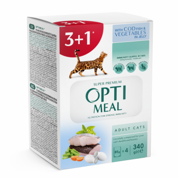 Optimeal Hrana umeda pisici adulte - Cod si legume in jeleu, set 3+1, 4 0,085kg