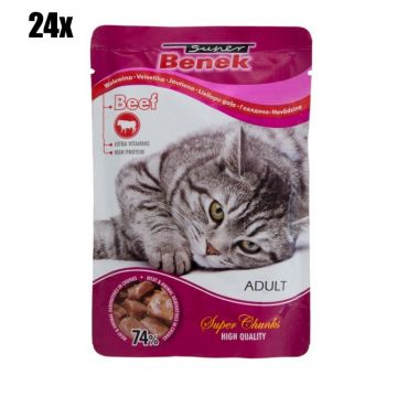 Super Benek Premium, Hrana umeda pentru pisici adulte, cu vita in sos, 24x100g