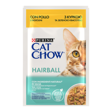 CAT CHOW HAIRBALL, Pui si Fasole verde, hrana umeda pentru pisici 1x 85g
