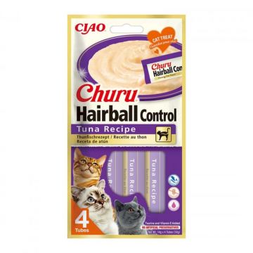 Churu, Recompense Cremoase Hairball Control pentru pisici, cu Ton, 4x14g