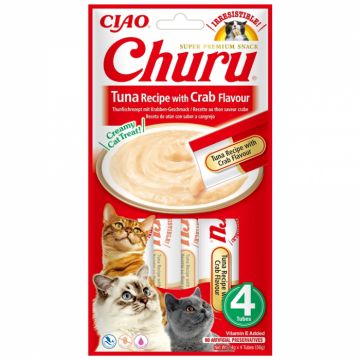 Churu, Recompense Cremoase pentru Pisici, Reteta Ton cu Aroma de Crab, 4x14g