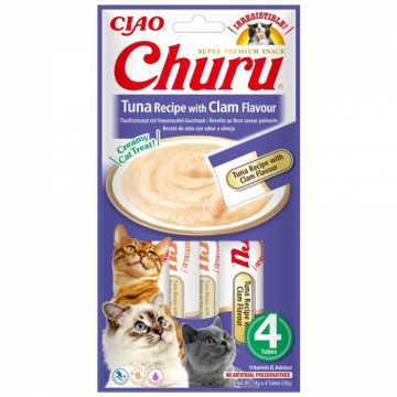 Churu, Recompense Cremoase pentru Pisici, Reteta Ton cu Aroma de Scoici Vongole, 4x14g