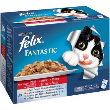 FELIX FANTASTIC Pui Vita Iepure Miel in Aspic 12x100g, hrana umeda pentru pisici, 12x100g