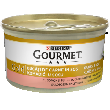 GOURMET GOLD cu Pui si Somon, bucati de carne in sos, hrana umeda pentru pisici, 85 g
