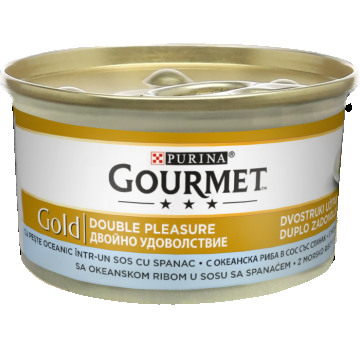 GOURMET GOLD Double Pleasure cu Peste oceanic si Spanac in sos, hrana umeda pentru pisici, 85 g