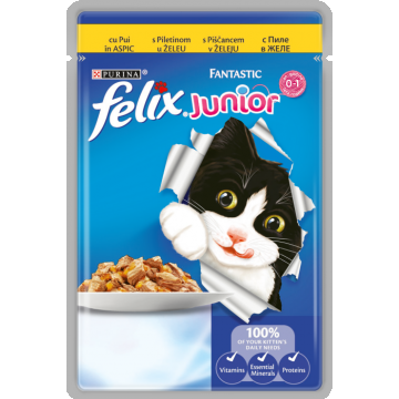 PURINA FELIX FANTASTIC Junior Pui in Aspic, hrana umeda pentru pisici, 85 g