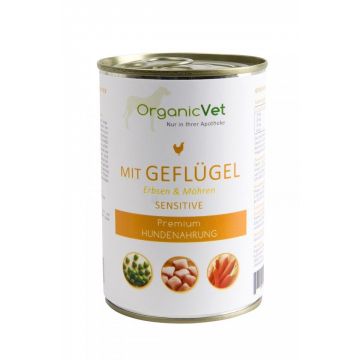 OrganicVet Sensitive, pasari de curte, mazare si morcov, 400 g