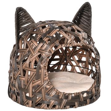 PawHut Căsuță pentru Pisici cu Cadru de Sârmă și Pluș Moale, pentru Pisici de Interior de până la 4,5kg, Φ46x40cm, Maro | Aosom Romania