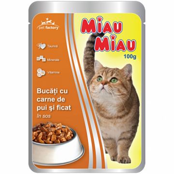 Hrana umeda pisici, Miau Miau, Pui si ficat in sos, 100g ieftina