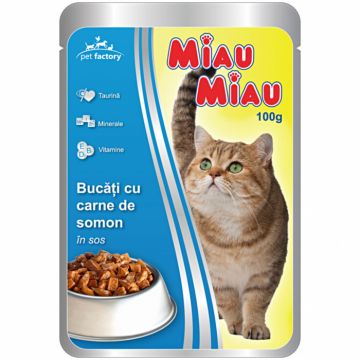 Hrana umeda pisici, Miau Miau, Somon, 100g de firma originala