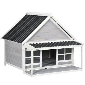 Casa pentru caini PawHut din lemn cu veranda, rezistenta la intemperii, acoperis din PVC | AOSOM RO de firma originala