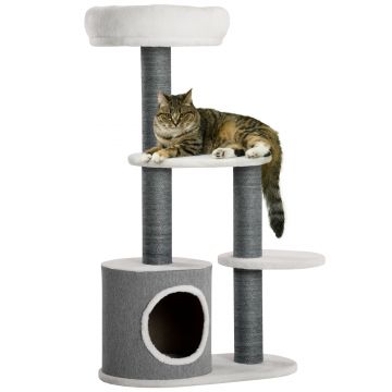 PawHut Turn de Interior pentru Pisici, 98 cm, cu Stâlp de Zgâriat, Casuță, Pat, Alb, Design Modern | Aosom Romania