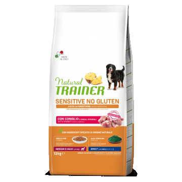 Natural Trainer, Sensitive No Gluten Mediu & Maxi Adult, Iepure si Cereale Integrale, 12 kg