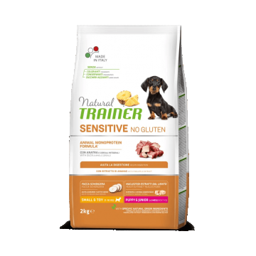 Natural Trainer, Sensitive No Gluten Mini & Toy Puppy & Junior, Rata si Cereale Integrale, 2 kg