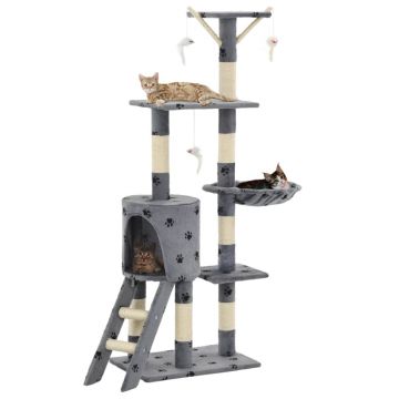 Ansamblu pisici stâlpi funie sisal 138 cm imprimeu lăbuțe gri