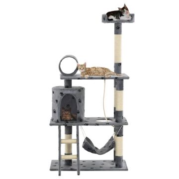 Ansamblu pisici stâlpi funie sisal 140 cm imprimeu lăbuțe gri