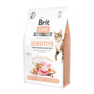 BRIT Care Sensitive Healthy Digestion & Delicate Taste, Curcan și Somon, hrană uscată fără cereale pisici, sensibilități digestive, 7kg