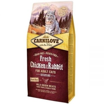 CARNILOVE Fresh Gourmand, Pui și Iepure, hrană uscată fără cereale pisici, apetit capricios, 6kg