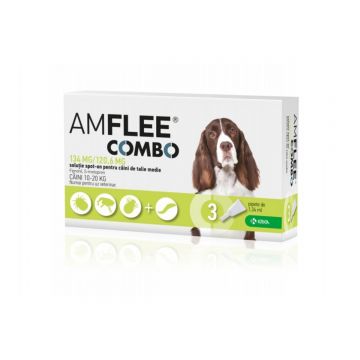 AMFLEE Combo Dog, spot-on, soluție antiparazitară, câini, 3 pipete AMFLEE Combo Dog, spot-on, soluție antiparazitară, câini 10-20 kg, 3 pipete de firma original