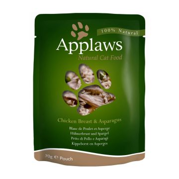 APPLAWS, Piept Pui și Sparanghel, plic hrană umedă pisici, (în supă), 70g