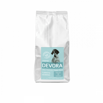 Devora Grain Free Dog Starter cu Curcan, Hering si Mazare, 7.5 kg