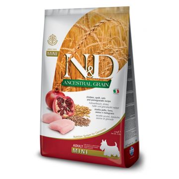 N&D Ancestral Grain Adult Mini, XS-S, Pui și Rodie, hrană uscată conținut redus cereale câini, 7kg