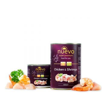 NUEVO, Pui și Creveți, conservă hrană umedă fără cereale pisici, apetit capricios, (pate), 400g